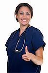 Confident woman healthcare worker wearing dark blue scrubs with stethoscope on shoulders holding thumb up to show success standing on white