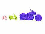 red bicycle and motorized bicycle and motorcycle on white background