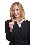 Attractive blonde woman in professional business suit standing on white smiling holding up and showing her thumb