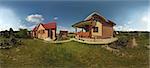 This is panoramic 360x180 view of cottage lawn and garden