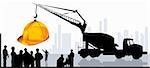 Illustration of silhouette of group of men standing in a construction site with earth mover lifting a hardhat