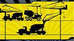 Illustration of  earth movers using in construction site in radiant beam yellow light