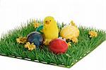 Easter chicks with Easter Eggs in green plastic Grass on white Background