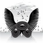 Vector illustration of black winged speakers on a reflective background