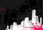 Illustration with city and pink splash. Vector