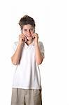 young boy talking on two cell phones full shot