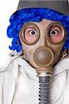 Person in gas mask on white background