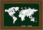 Vector - Blackboard with wooden frames and two white chalks, world map