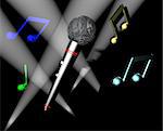 A 3D microphone and music notes with lights