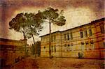 Artistic work of my own in retro style - Postcard from Italy. Public school - Tuscany.