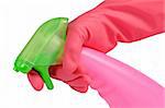 Pink gloves and a pink spray bottle on white background.