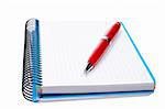 Pen and blank notebook sheet on white background
