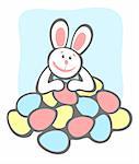 Cheerful  rabbit and easter eggs  on a blue background. Easter illustration.