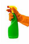 A hand with rubber glove holding a spray bottle. Vivid and industrial colours. Isolated on white with clipping path excluding drop shadow.