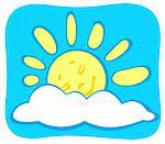 Cheerful sleeping cartoon sun on a blue sky background.