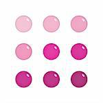 Nine shiny buttons (orbs) of glass, pink and purple colours, isolated on white