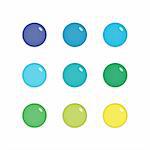 Nine shiny buttons (orbs) of glass in green, blue and yellow colours, isolated on white
