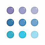 Nine shiny buttons (orbs) of glass, purple and blue colours, isolated on white