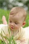 Adorable petit garçon d'herbe verte - Il sourit et a fun