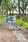 Adult son walking his senior grandfather in the park.  Vertical view with room for text.