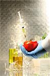 Hand holding tomato with syringe for genetic testing