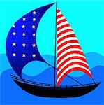 Illustration of a sailing vessel with flag type sails at sea