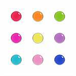 Nine shiny buttons (orbs) of glass and chrome, bright colours, isolated on white