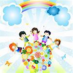 kids and planet; joyful illustration with planet earth, happy children and colorful flowers