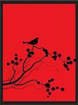 Vector - Japanese spring flower zen style with bird perched on the branch.