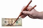 Hand holding the chopsticks with banknote. Isolated on white [with clipping path].