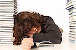 boy sleeping and and many books on white background