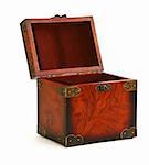 open antique wooden trunk on white background, natural shadow at the left side