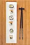 Sushi on the white plate and chopsticks on bamboo mat. Shallow depth of field