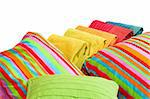 Colorful bedding pillows and blankets with straps isolated