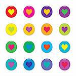 Shiny buttons with hearts, isolated on white. Colors: red, pink, purple, yellow, orange, green, blue.