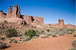 The Three Gossips and Sheep Rock on the right side in Arches National Park in Utah, USA