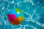 beach ball with green, blue, pink,yellow and orange with water ripples