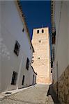 tower of the church at belmonte village in spain