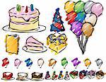 Various icons for a party hand-drawn linart sketch look.  Various easy-to-change color schemes. Vector isometric illustration.