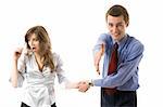 Handshake. Young business man and woman offers hand shake. Isolated over white
