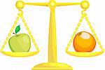 A concept vector illustration showing an apple and an orange on scales. Attempting to compare apples and oranges.