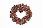 Coffee beans on white, heart symbol