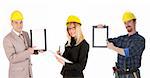 businesswoman, businessman and construction worker on white background