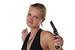 young blond woman in black dress with revolver isolated on white background