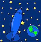 blue rocket ship in the sky with stars and earth