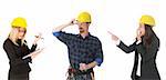 businesswoman guffaw, construction worker and businesswoman with architectural plans