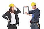 quarreling between angry businesswoman and construction worker wonderfully looking on document