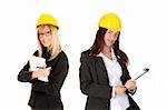 two businesswoman with architectural plans on white background