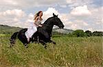 galloping beautiful wedding woman on her black stallion. photo with orange filter