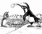 Ink drawing of two penguins having a snowball fight at the North Pole.